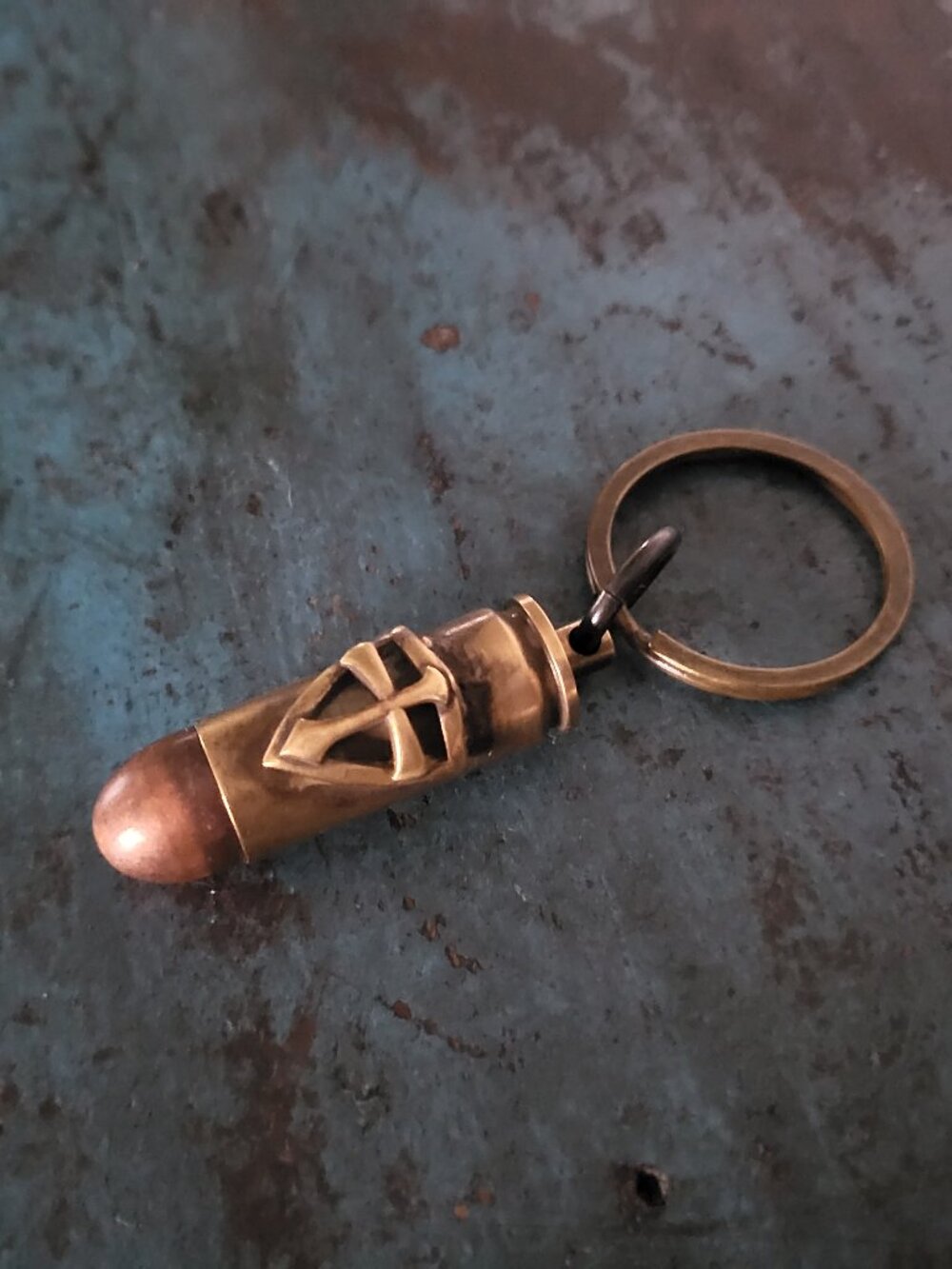 Brass Stash Capsule Keychain Shield Cross